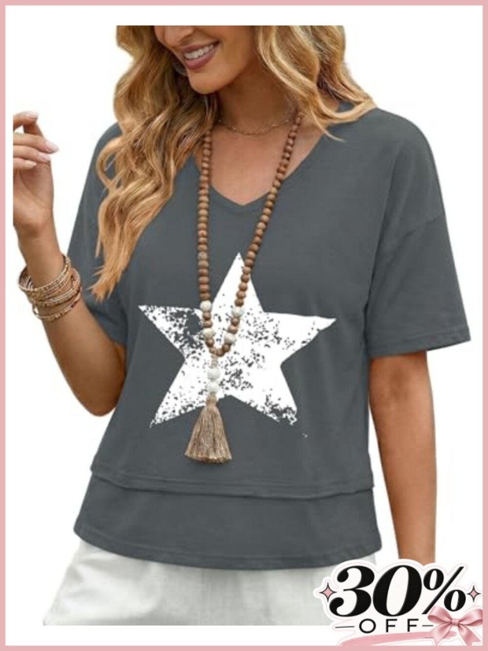 100% Cotton Women Tee V-Neck Loose Fit Oversized Distressed Lounge Top